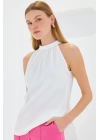 0489 Halter Yaka Örme Bluz - Beyaz