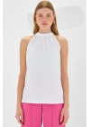 0489 Halter Yaka Örme Bluz - Beyaz