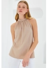 0489 Halter Yaka Örme Bluz - Bisküvi