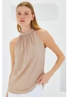 0489 Halter Yaka Örme Bluz - Bisküvi