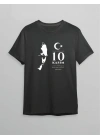 10 Kasım Atatürk Anma Günü Silüet Baskılı Oversize Bisiklet Yaka T-shirt - Siyah