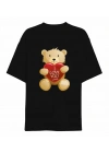 14 Şubat Sevgililer Günü I Love You Ayı Baskılı Oversize Bisiklet Yaka T-shirt - Siyah