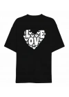14 Şubat Sevgililer Günü Love Kalp Baskılı Oversize Bisiklet Yaka T-shirt - Siyah