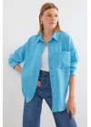 20153 Tek Cepli Oversize Keten Gömlek - Açık Mavi