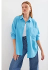 20153 Tek Cepli Oversize Keten Gömlek - Açık Mavi