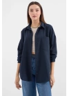 20153 Tek Cepli Oversize Keten Gömlek - Lacivert