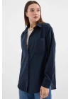 20153 Tek Cepli Oversize Keten Gömlek - Lacivert