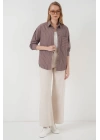 20205 Çizgili Oversize Gömlek - Kahverengi