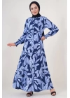 2145 Desenli Tesettür Elbise - Lacivert