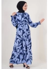 2145 Desenli Tesettür Elbise - Lacivert