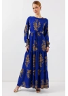 2145 Desenli Tesettür Elbise - Saks
