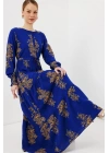 2145 Desenli Tesettür Elbise - Saks