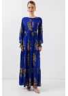 2145 Desenli Tesettür Elbise - Saks