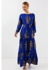 2145 Desenli Tesettür Elbise - Saks