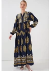 2423 Otantik Desenli Tesettür Elbise - Lacivert 2
