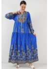 2423 Otantik Desenli Tesettür Elbise - Saks 1