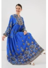 2423 Otantik Desenli Tesettür Elbise - Saks 1
