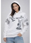 3 İplik Pamuklu Kapüşonlu Baskılı SweatShirt Hoodie - Beyaz
