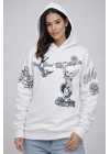 3 İplik Pamuklu Kapüşonlu Baskılı SweatShirt Hoodie - Beyaz