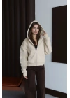 3 iplik şardonlu kapşonlu hoodie frm bej p510437