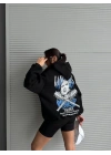 3 iplik şardonlu oversize compact kafa baskılı sweat siyah