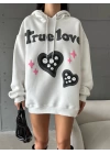 3 iplik şardonlu oversize compact true baskılı sweat Beyaz