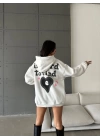 3 iplik şardonlu oversize compact true baskılı sweat Beyaz