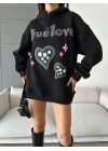 3 iplik şardonlu oversize compact true baskılı sweat siyah