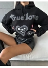 3 iplik şardonlu oversize compact true baskılı sweat siyah