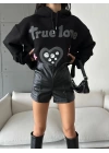 3 iplik şardonlu oversize compact true baskılı sweat siyah