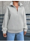 3 iplik Şardonlu yarım fermuarlı sweatshirt gri