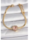 316L Çelik Gold Renk İtalyan Zincir Pembe Zirkon Taşlı Kalp Model Kadın Bileklik