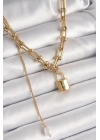 316L Çelik Gold Renk Tiffany Zincir Model Kilit Figür Sallantı İnci Detay Kadın Kolye