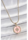 316L Çelik Gold Renk Zincir Pembe Mineli Zirkon Taşlı Kuzey Yıldız İşlemeli Madalyon Model Kadın Kolye