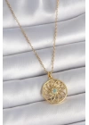 316L Çelik Gold Renk Zincr Mavi Taşlı Lotus Model Kadın Kolye