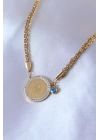 316L Çelik Gold Renk Zirkon Taşlı Çeyrek Altın Kadın Kolye