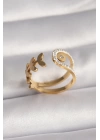 316L Çelik Gold Renk Zirkon Taşlı Yaprak Model Kadın Yüzük