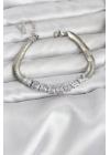 316L Çelik Gümüş Renk Kare Zirkon Taşlı Yılan Zincirli Kadın Bileklik