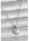 316L Çelik Gümüş Renk Zincir 3D İnci Kalp Model Kadın Kolye
