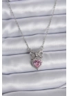 316L Çelik Gümüş Renk Zincir Pembe Kristal Kalp Zirkon Taşlı Kurdele Model Kadın Kolye