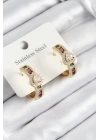 316L Çelik Renkli Zirkon Taşlı Kalpli Baget Halka Model Gold Renk Kadın Küpe