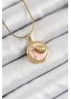 316L Çelik Zincir Pembe Mineli Sanatsal Portre İstiridye Model Gold Renk Kadın Kolye