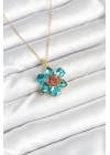 316L Çelik Zincirli Mavi Çiçek Model Kadın Kolye