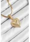 316L Çelik Zirkon Taşlı Kalp Model Gold Renk Kadın Kolye