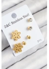 316L Çelik Zirkon Taşlı Kar Tanesi Model Gold Renk Kadın Set Küpe