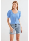 4316 Fermuarlı Örme Bluz - Mavi