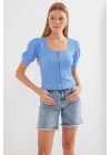4316 Fermuarlı Örme Bluz - Mavi