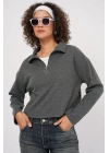 55449 Fermuarlı Yaka Örme Sweatshirt - Antrasit