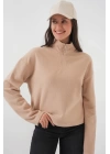 55449 Fermuarlı Yaka Örme Sweatshirt - Camel