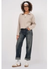 55449 Fermuarlı Yaka Örme Sweatshirt - Krem
